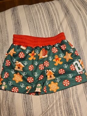 Kids Green Holiday Gingerbread Print Shorts with Red Waistband